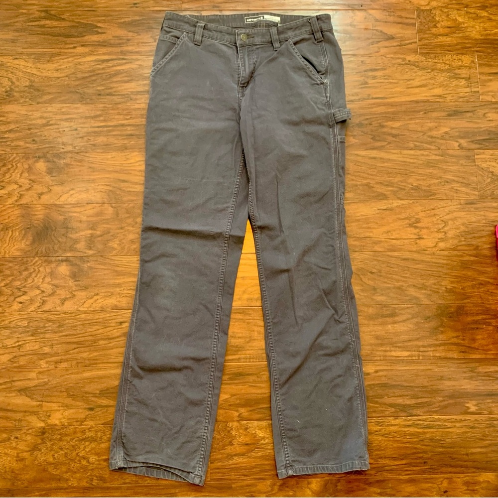 Carhartt Rugged Flex Canvas Work Pants Womens 10 TALL Gray Stretch Loose Fit